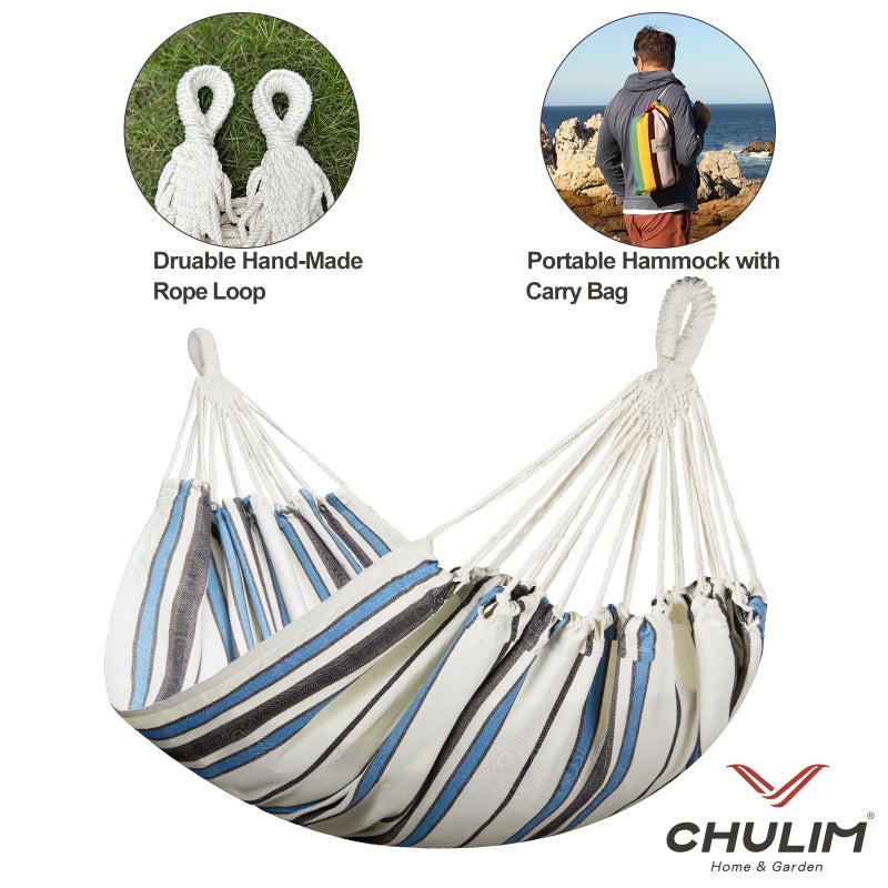 CHULIM Brazilian Double Hammock with Tree Straps,Extra Large 94x63IN,2 Persons Hammock for Backyard Patio Outdoor and Indoor,450lbs Weight Capacity,Soft Woven Cotton Fabric - Blue Stripe - Image 5