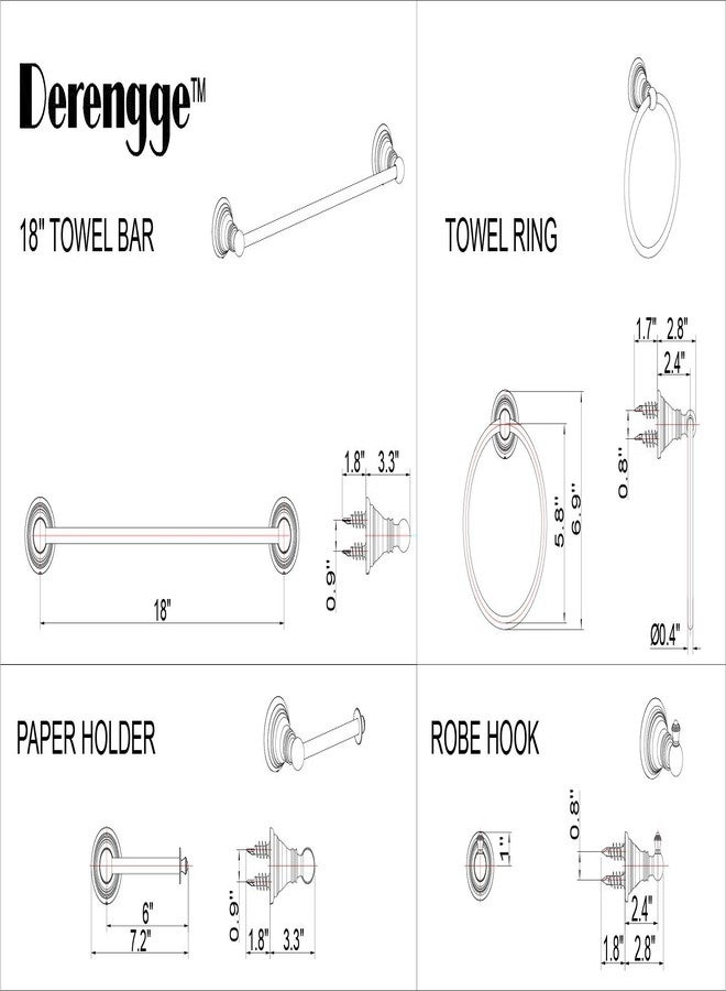 Derengge F-080-BN 4-Piece Bathroom Hardware Accessory Set with 18 Inch Towel Bar -Towel Ring- Paper Holder-Robe Hook Brush Nickel - Image 2