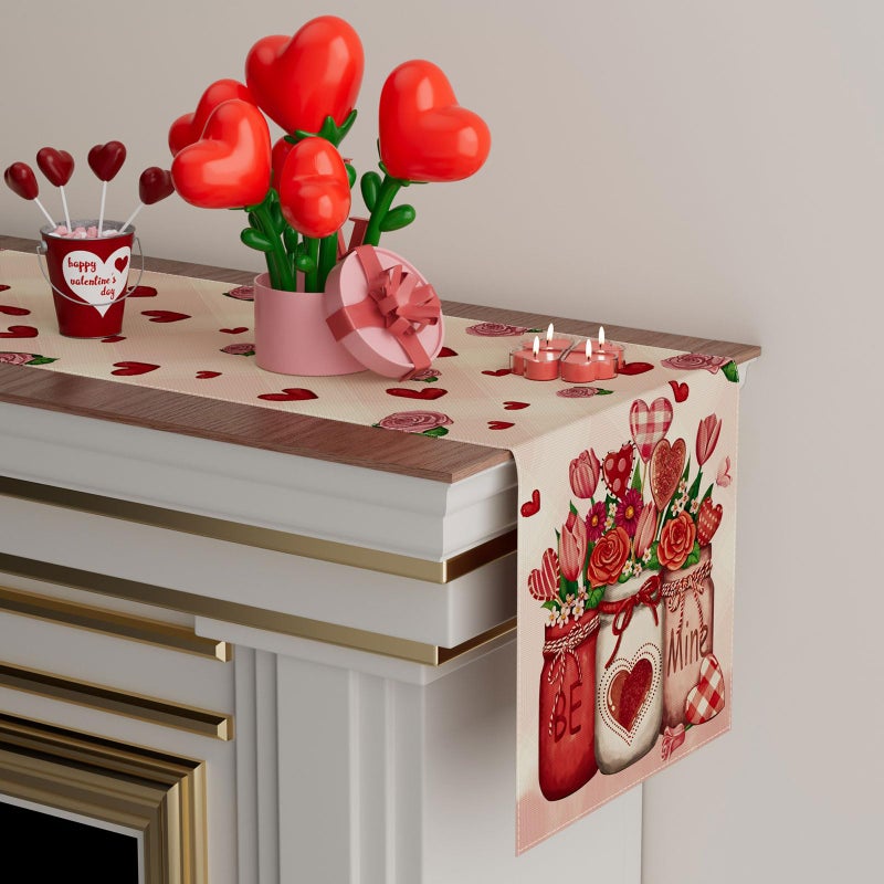 XCHI Roses Flowers Love Hearts Vase Valentineâ€™s Day Table Runner Table Decoration for Party Home Kitchen Dining Dinner Holiday Decor 13x72 Inch - Image 3