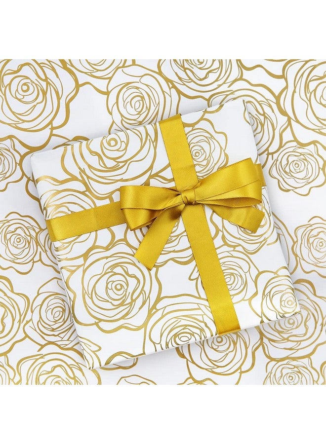 Geluode Gift Wrapping Paper Golden Rose Pattern In White Art Paper With 1 Roll Gold Ribbon For Weddings Mother'S Day Birthdays Baby Showers Bridal Showers Valentine'S Day Or Any Occasion(6 Sheets) - Image 1