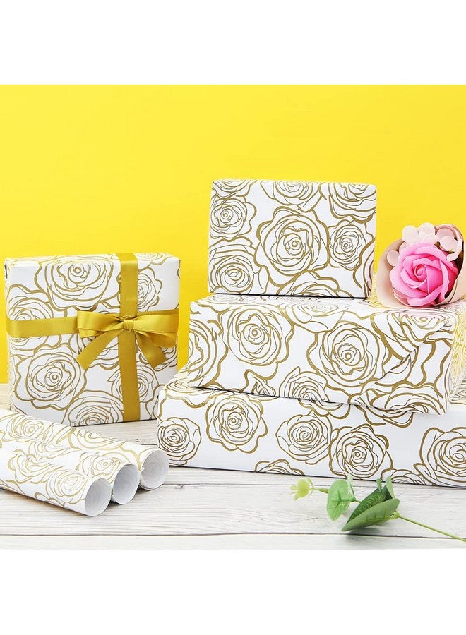 Geluode Gift Wrapping Paper Golden Rose Pattern In White Art Paper With 1 Roll Gold Ribbon For Weddings Mother'S Day Birthdays Baby Showers Bridal Showers Valentine'S Day Or Any Occasion(6 Sheets) - Image 2