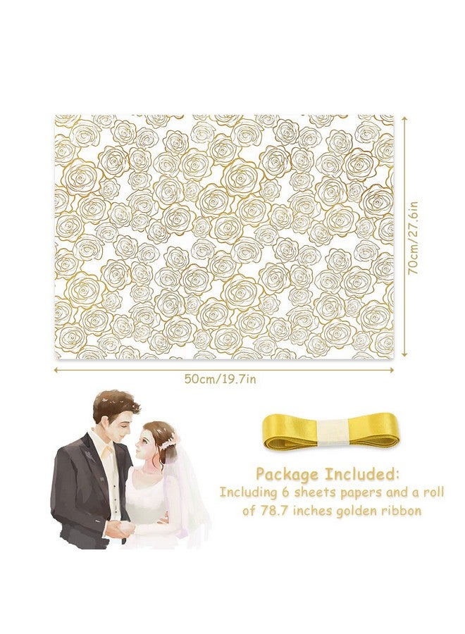 Geluode Gift Wrapping Paper Golden Rose Pattern In White Art Paper With 1 Roll Gold Ribbon For Weddings Mother'S Day Birthdays Baby Showers Bridal Showers Valentine'S Day Or Any Occasion(6 Sheets) - Image 3