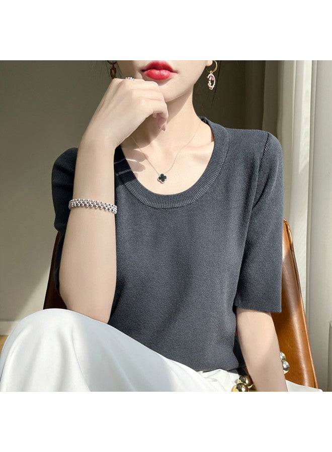 Modal Korean-Style Low Round Neck Short Sleeve Spring And Summer High-End Loose Thin Top 2025 New Knitwear - Image 5