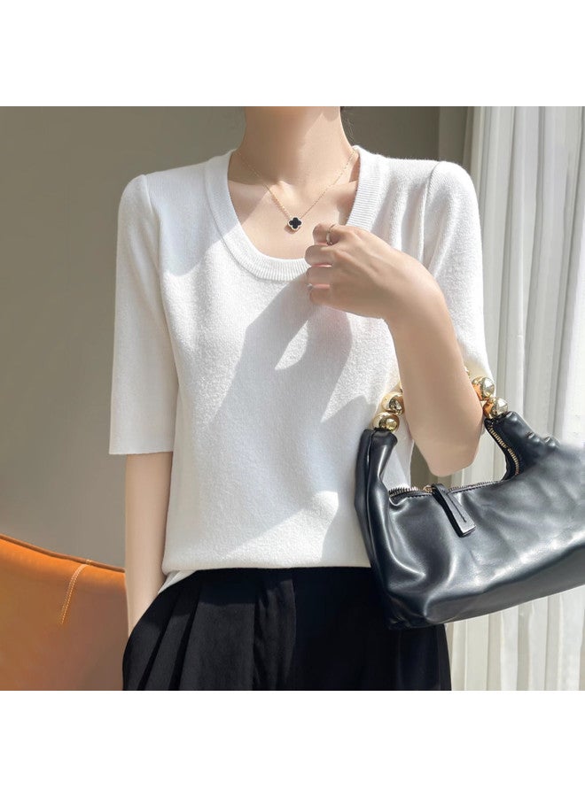 Modal Korean-Style Low Round Neck Short Sleeve Spring And Summer High-End Loose Thin Top 2025 New Knitwear - Image 3