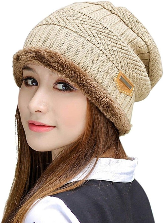V3E Women's & Girl's Winter Warm Knitted Fur Lined Beanie Cap (Black, Skin & Brown)-(Pack of 03) - Image 4