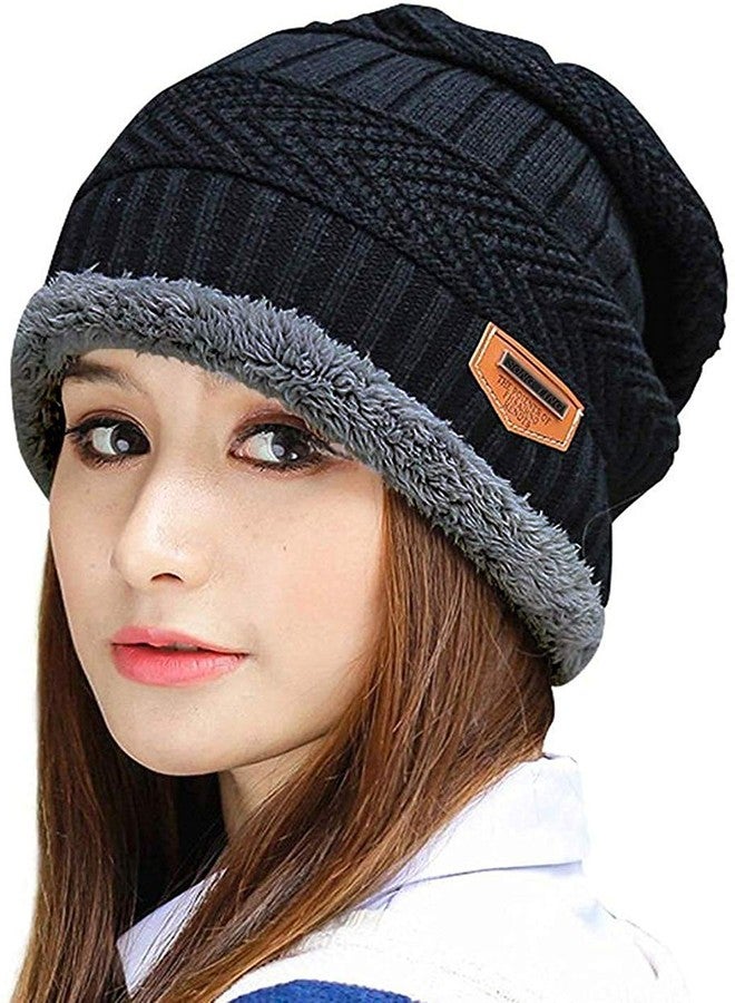 V3E Women's & Girl's Winter Warm Knitted Fur Lined Beanie Cap (Black, Skin & Brown)-(Pack of 03) - Image 2
