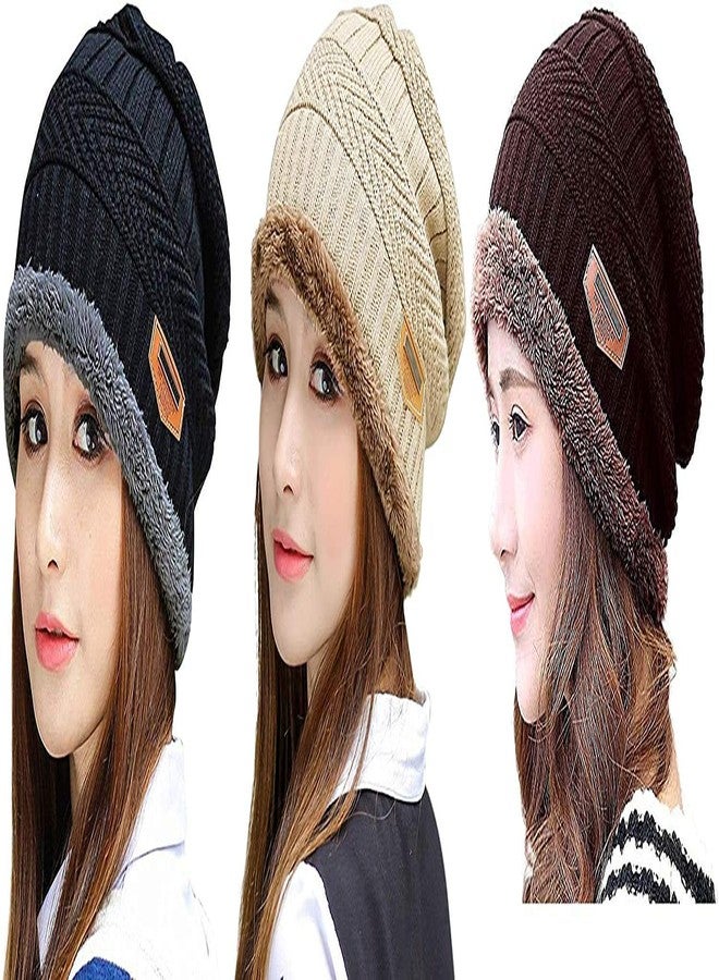 V3E Women's & Girl's Winter Warm Knitted Fur Lined Beanie Cap (Black, Skin & Brown)-(Pack of 03) - Image 1