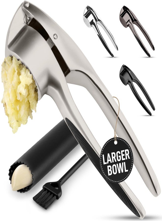 Zulay Kitchen Large Premium Garlic Press Set - Rust Proof & Dishwasher Safe, Bigger Bowl Garlic Mincer Tool with Silicone Garlic Peeler & Brush, Easy Squeeze & Clean, Ergonomic Handle - Silver - Image 1