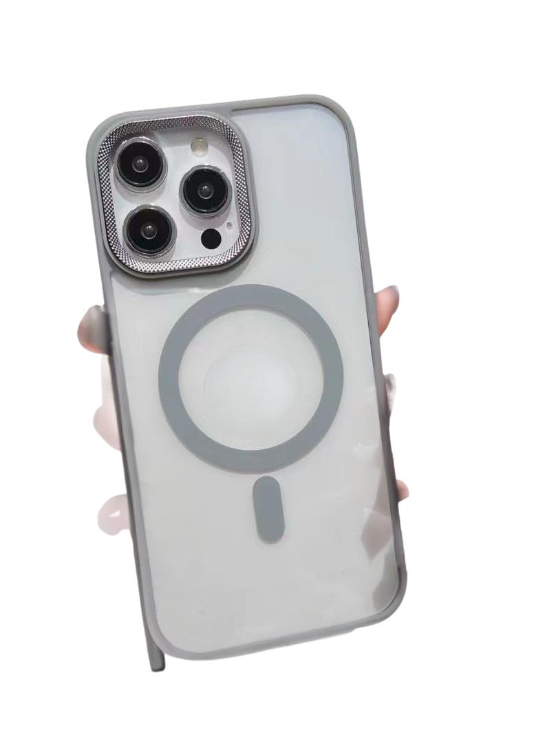 Luxury Metal Lens Camera Protection Magsafe Phone Case for iPhone 15 Pro Max Wireless Charging Cover - Clear Back Slim -Titanium Gray - Image 1