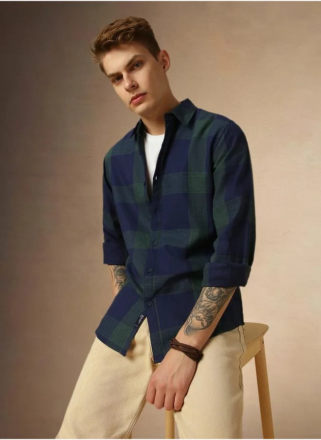 دينيس لينغو Checked Regular Fit Spread Collar Curved Hem Shirt by Styli