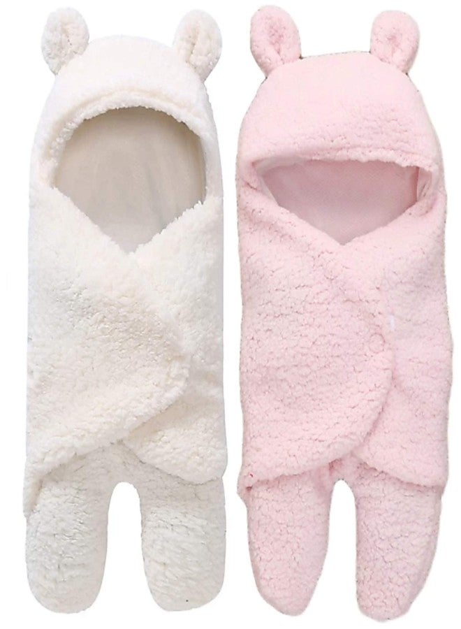 First Kick Baby Blankets New Born Combo Pack of Hooded Supersoft Wearable Wrapper Durable Fleece Polyester Cum Baby Sleeping Bag for Babies (70 cm x 76 cm, 0-6 Months) Combo of 2 White Pink - Image 1
