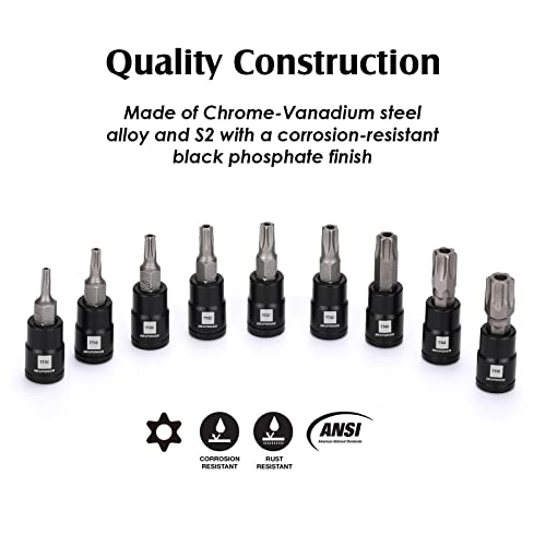 MIXPOWER 9 Pieces 1/4" Drive Torx Bit Socket Set, Tamper-Proof Torx Bit Sockets, CR-V Sockets & S2 Steel Bits, TT10 - TT50 - Image 3