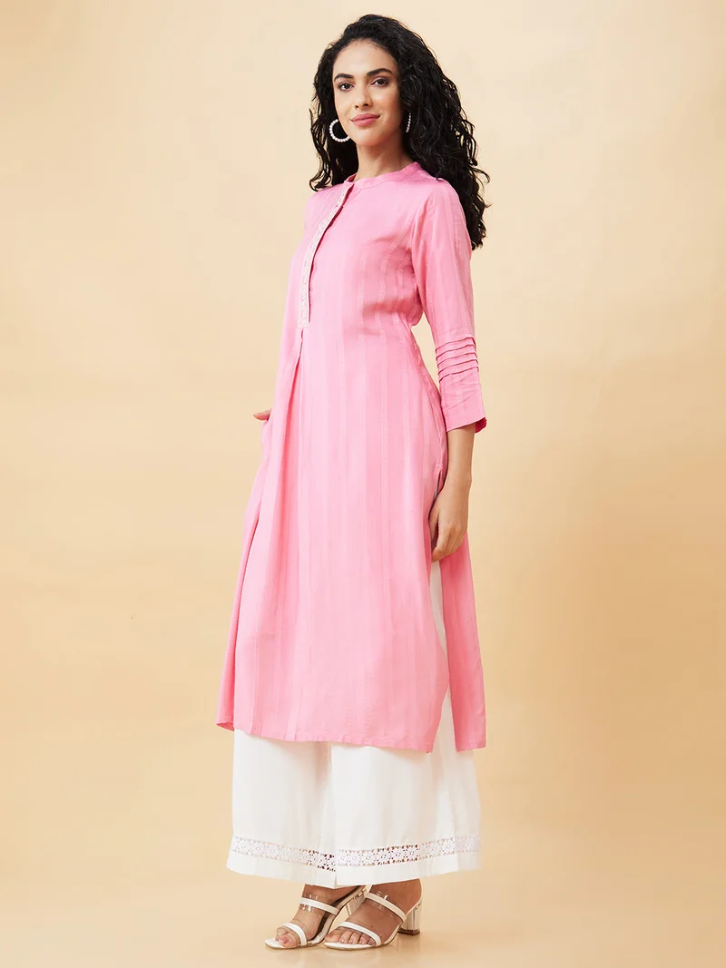 globus Women Pink Striped Thread Work Mandarin Collar Kurta