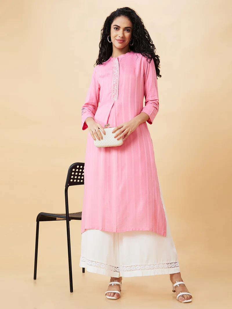 globus Women Pink Striped Thread Work Mandarin Collar Kurta