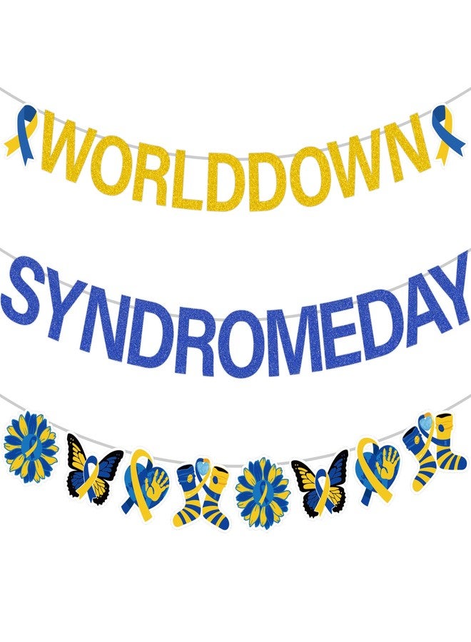 EoBeCy World Down Syndrome Day Awareness Banner, 3 Pcs Blue & Yellow Awareness Ribbon Banners, Butterfly Sunflower Heart Decor for Support Events & Charity Walk - Image 1