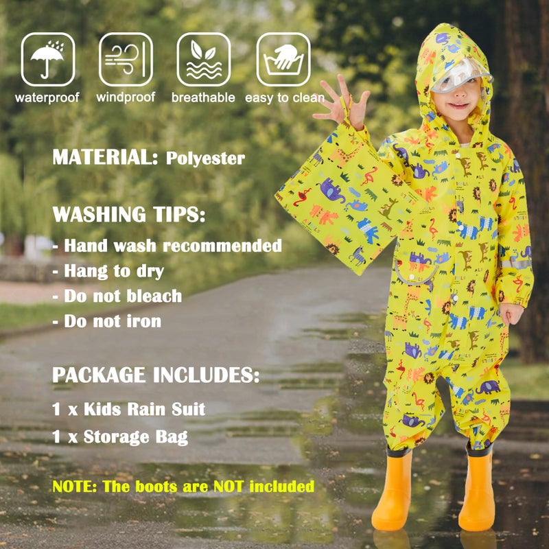 Fewlby Kids Toddler Rain Suit for Boys Girls One Piece Hoodie Zipper Cartoon Waterproof Coverall Rain Jacket 1-10 Years M Size - Image 3