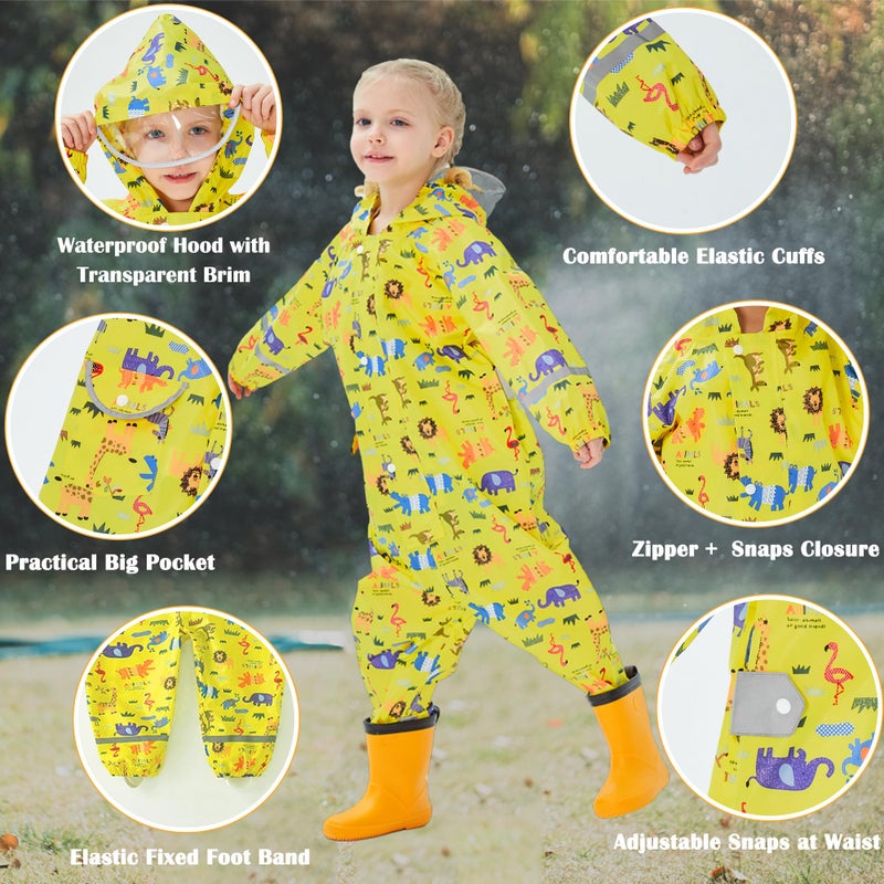Fewlby Kids Toddler Rain Suit for Boys Girls One Piece Hoodie Zipper Cartoon Waterproof Coverall Rain Jacket 1-10 Years M Size - Image 2