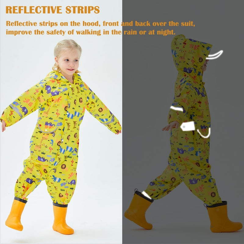 Fewlby Kids Toddler Rain Suit for Boys Girls One Piece Hoodie Zipper Cartoon Waterproof Coverall Rain Jacket 1-10 Years M Size - Image 4