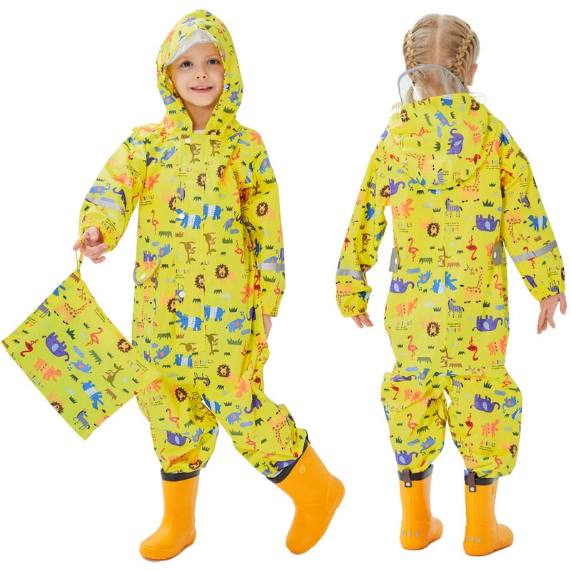 Fewlby Kids Toddler Rain Suit for Boys Girls One Piece Hoodie Zipper Cartoon Waterproof Coverall Rain Jacket 1-10 Years M Size - Image 1