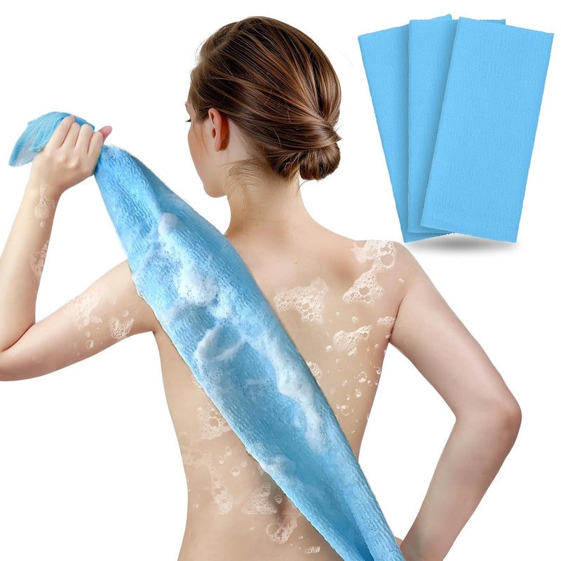 ARCH&M Exfoliating Body Towel (3 Pack) for Glowing, Silky-Smooth Skin - Japanese Beauty Washcloth for Deep Exfoliation & Improved Circulation in The Shower (Blue x 3) - Image 1