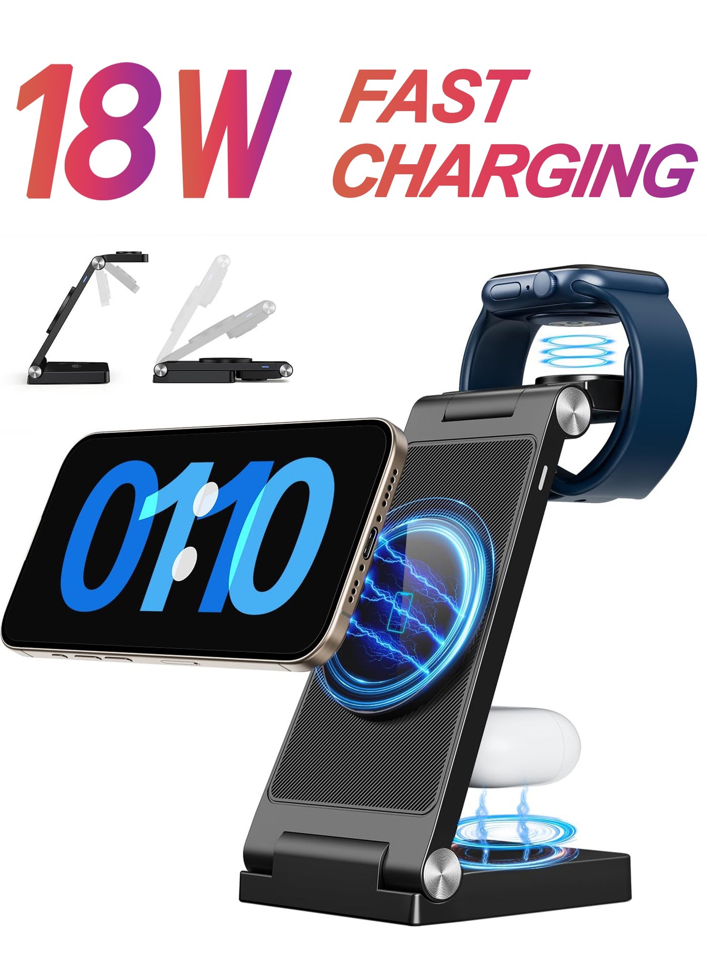 Travel 3 in 1 Wireless Charging Station, New Upgrades 18W Fast Wireless Charger Stand, Wireless Charger for iPhone 16 15 14 13 12 Pro Max Plus, Apple Watch & Air pods 3 2 Pro, Portable Travel Charging Station Compatible with Huawei GT Xiaomi Sport Bluetooth Earbuds Headphones