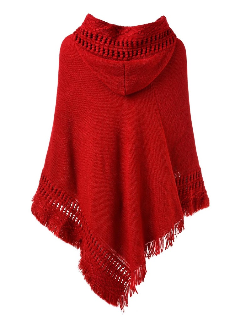 Ferand Ladies' Hooded Cape with Fringed Hem, Crochet Poncho Knitting Patterns for Women, Red - Image 2