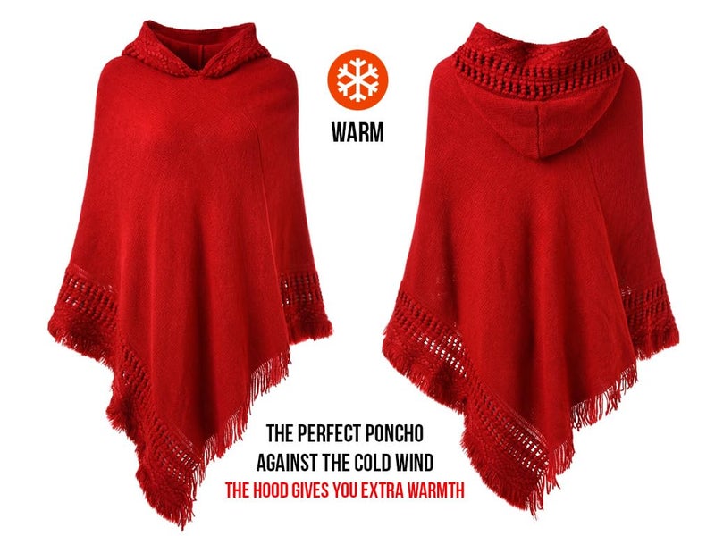 Ferand Ladies' Hooded Cape with Fringed Hem, Crochet Poncho Knitting Patterns for Women, Red - Image 3