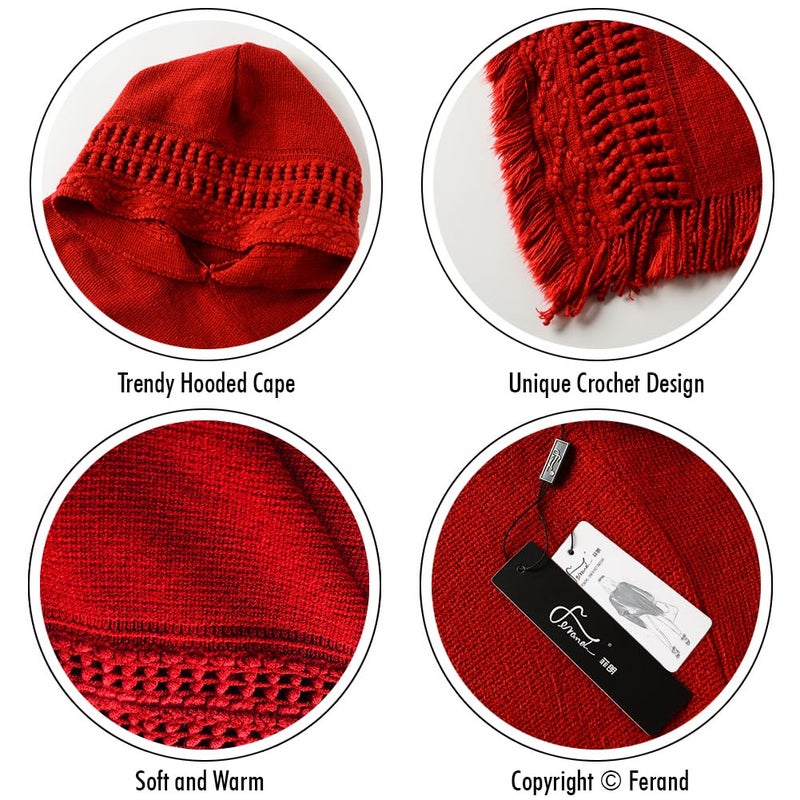 Ferand Ladies' Hooded Cape with Fringed Hem, Crochet Poncho Knitting Patterns for Women, Red - Image 4
