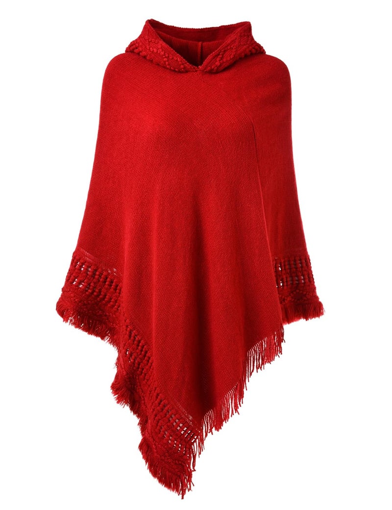 Ferand Ladies' Hooded Cape with Fringed Hem, Crochet Poncho Knitting Patterns for Women, Red - Image 1
