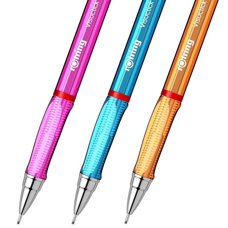 Rotring Visuclick 05mm Mechanical Pencils 2B Lead Pink Blue Orange Translucent Barrel with Attached Eraser Total 3 Pieces - Image 3