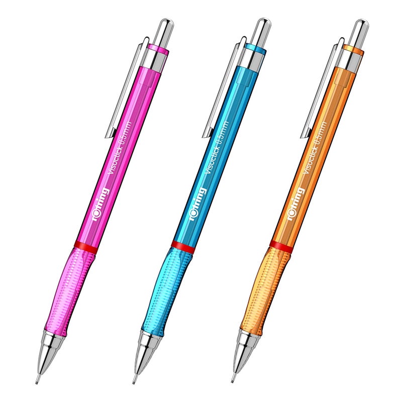 Rotring Visuclick 05mm Mechanical Pencils 2B Lead Pink Blue Orange Translucent Barrel with Attached Eraser Total 3 Pieces - Image 1