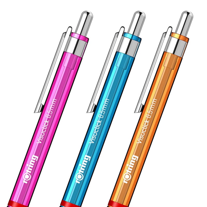 Rotring Visuclick 05mm Mechanical Pencils 2B Lead Pink Blue Orange Translucent Barrel with Attached Eraser Total 3 Pieces - Image 2