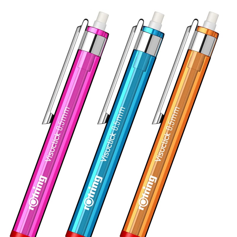 Rotring Visuclick 05mm Mechanical Pencils 2B Lead Pink Blue Orange Translucent Barrel with Attached Eraser Total 3 Pieces - Image 5