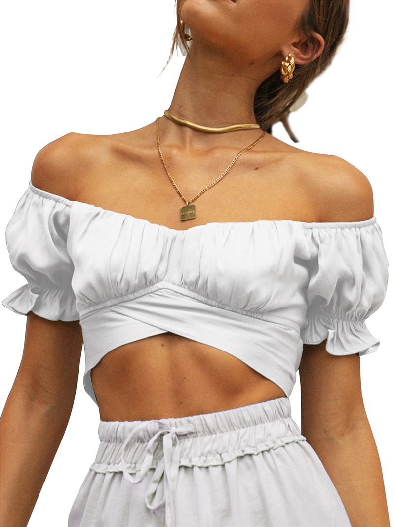 LYANER Women's Ruffle Short Sleeve Tie Up Back Crop Top Off Shoulder Bardot Blouse White Medium - Image 4
