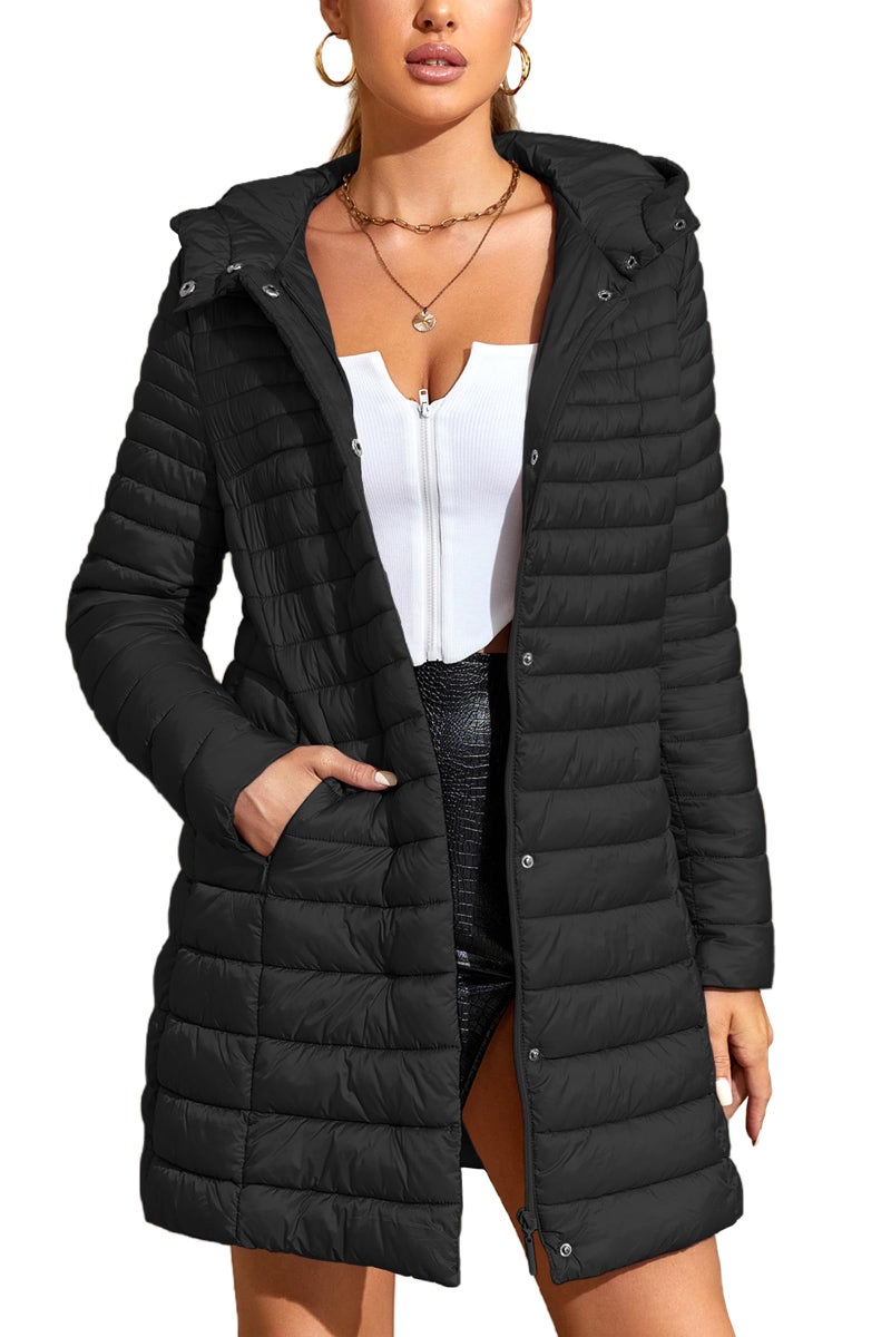 Bellivera Womens Puffer Jacket Quilted Lightweight Padding Hood Warm Bubble Coat 7148A Black L