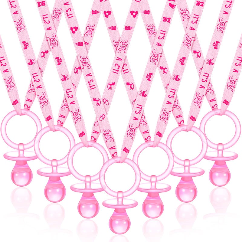 Coume Coume 36 Pieces Baby Shower Pacifiers Necklace Acrylic Baby Party Favors Pacifiers Charm Necklace for Baby Shower Party Decorations Table ScatterPink