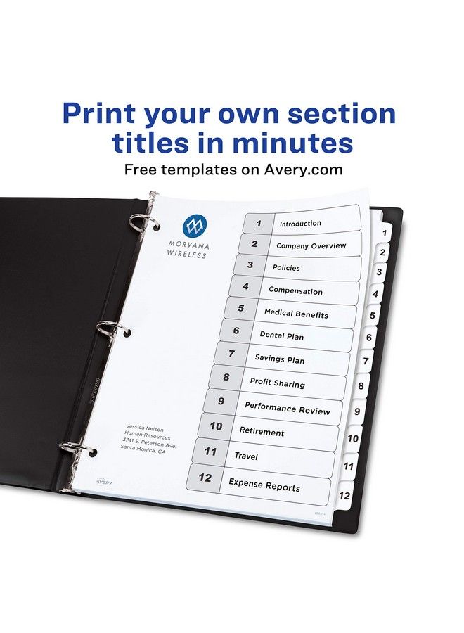 AVERY 12 Tab Dividers For 3 Ring Binders Customizable Table Of Contents Classic White Tabs 3 Sets (11078)  - Image 3