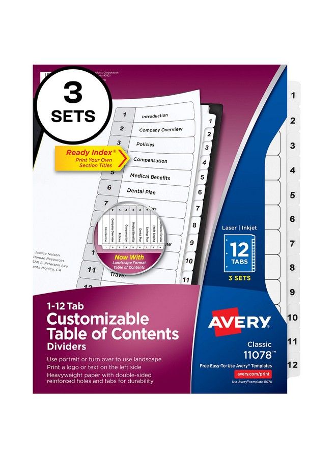 AVERY 12 Tab Dividers For 3 Ring Binders Customizable Table Of Contents Classic White Tabs 3 Sets (11078)  - Image 2