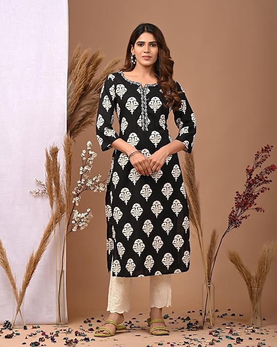LAVANDIS Cotton Straight Kurta for Womens Pritned Calf Length Girls Kurti Casual Wear Dress Black - Image 2