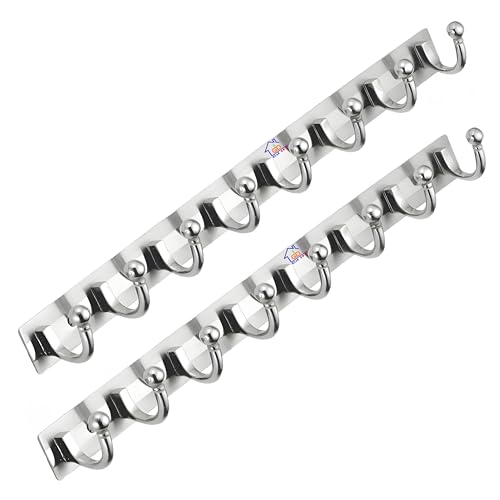 GHAR DWAR Heavy Duty Goli Stainless Steel Cloth Hanger Suitable for Bathroom Bedroom Kitchen Wall Hook Rail Hanging Scarf, Coat,Keys Tie Clothes Towel Door Robe Hanging (Pack of 2, Silver 8 Hook) - Image 1