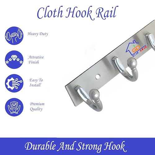 GHAR DWAR Heavy Duty Goli Stainless Steel Cloth Hanger Suitable for Bathroom Bedroom Kitchen Wall Hook Rail Hanging Scarf, Coat,Keys Tie Clothes Towel Door Robe Hanging (Pack of 2, Silver 8 Hook) - Image 4