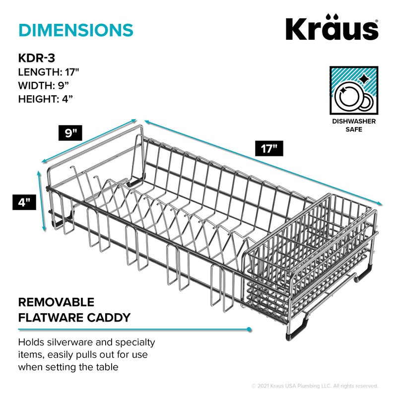 Kraus حوض مطبخ كراوس مع حامل لتجفيف الأطباق وأدوات المطبخ، 17" طول x 9" عرض، فولاذ مقاوم للصدأ، KDR-3 - Image 3
