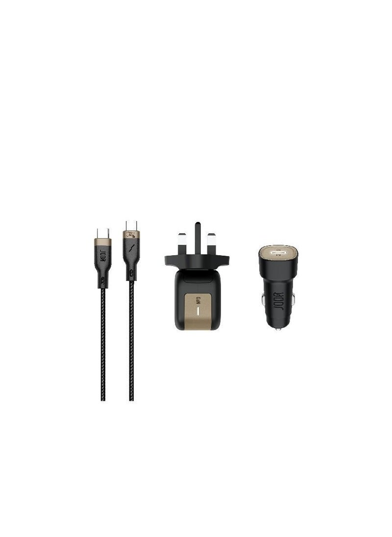 مجموعة شحن JODA 3 في 1 تحتوي على شاحن جداري، كابل USB-C، وبنك طاقة لتلبية جميع احتياجات الشحن. تصميم مدمج وعملي، مثالي للاستخدام اليومي أو أثناء السفر.