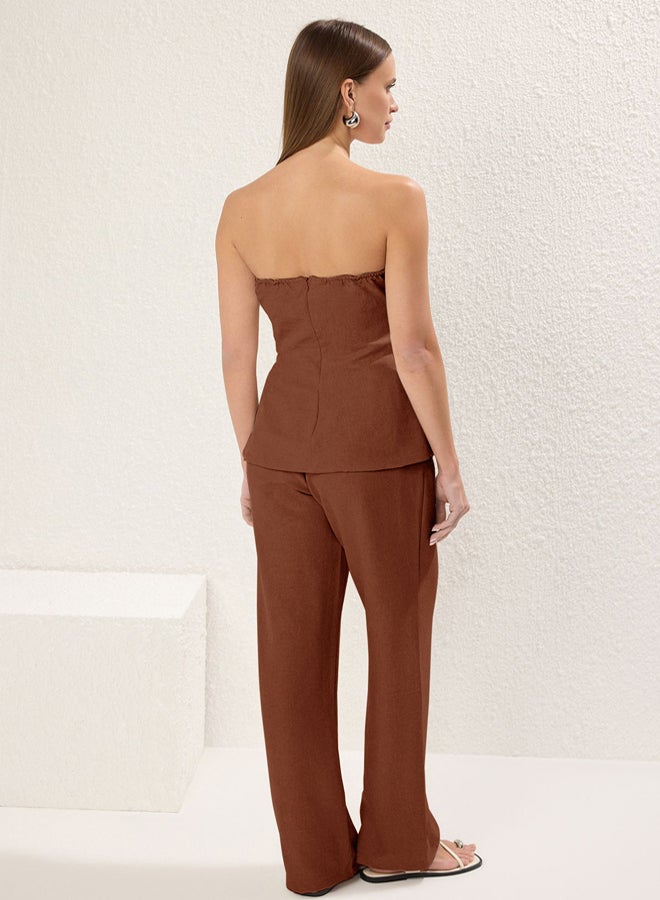 trendyol Brown Linen Look Strapless Blouse and Pants Woven Underlay Set - Image 4