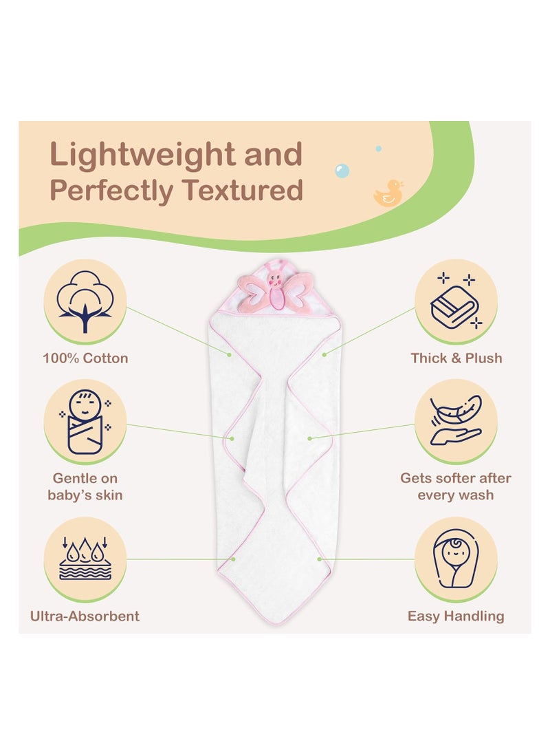 Mothers Choice - Hooded Baby Towel Butterfly 3D Ears -100% Cotton Baby Towel -Soft & Snuggly Baby Towel - 84x84 cm- Newborn to 4 Years - White/Pink - Image 1