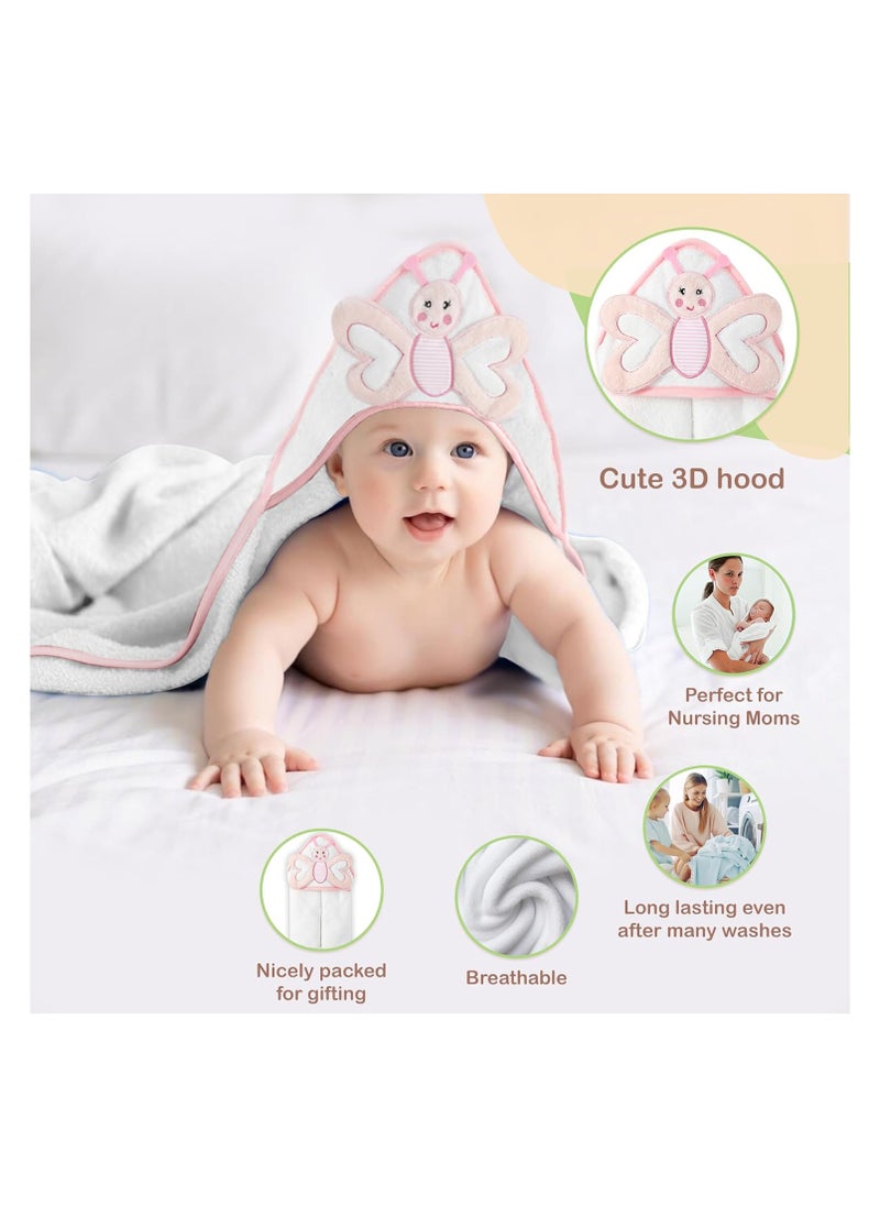 Mothers Choice - Hooded Baby Towel Butterfly 3D Ears -100% Cotton Baby Towel -Soft & Snuggly Baby Towel - 84x84 cm- Newborn to 4 Years - White/Pink - Image 1