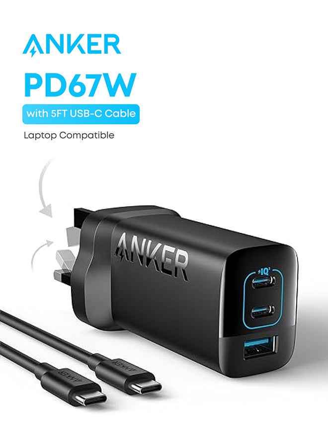 قابس USB C بقدرة 67 وات، شاحن 335، شاحن سريع PIQ 3.0 مدمج وقابل للطي بثلاثة منافذ، لهاتف iPhone 14/14 Plus/14 Pro/14 Pro Max وMacBook Pro وiPad وGalaxy وPixel والمزيد (5 أقدام USB-C إلى كابل C متضمن)