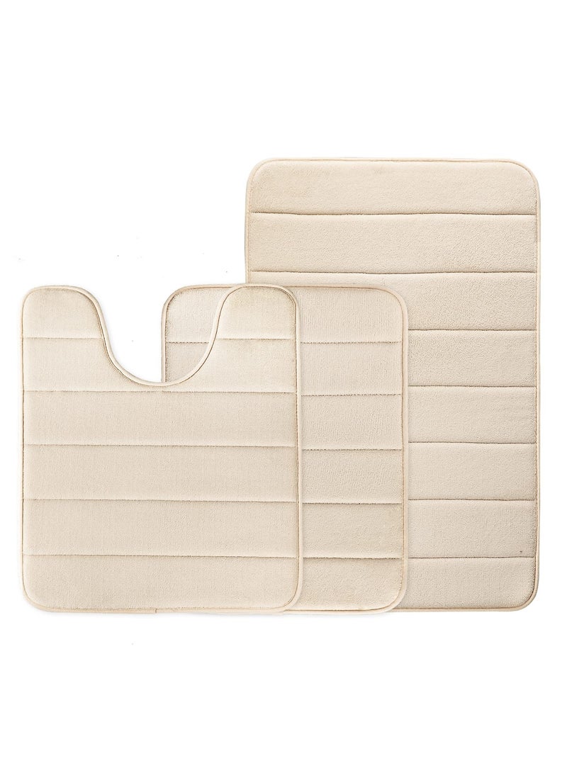 XiuWoo Bathroom Rugs Sets 3 Piece, Memory Foam Bathroom Mats Set Extra Thick, Non Slip Bath Mats for Bathroom, Water Absorbent, Washable Bath Rugs for Tub, Toilet and Floor-Beige - Image 1