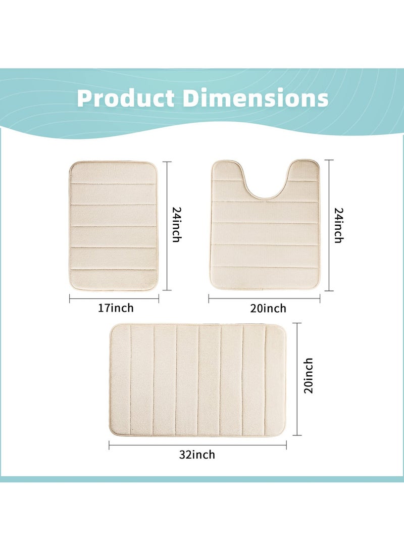 XiuWoo Bathroom Rugs Sets 3 Piece, Memory Foam Bathroom Mats Set Extra Thick, Non Slip Bath Mats for Bathroom, Water Absorbent, Washable Bath Rugs for Tub, Toilet and Floor-Beige - Image 3