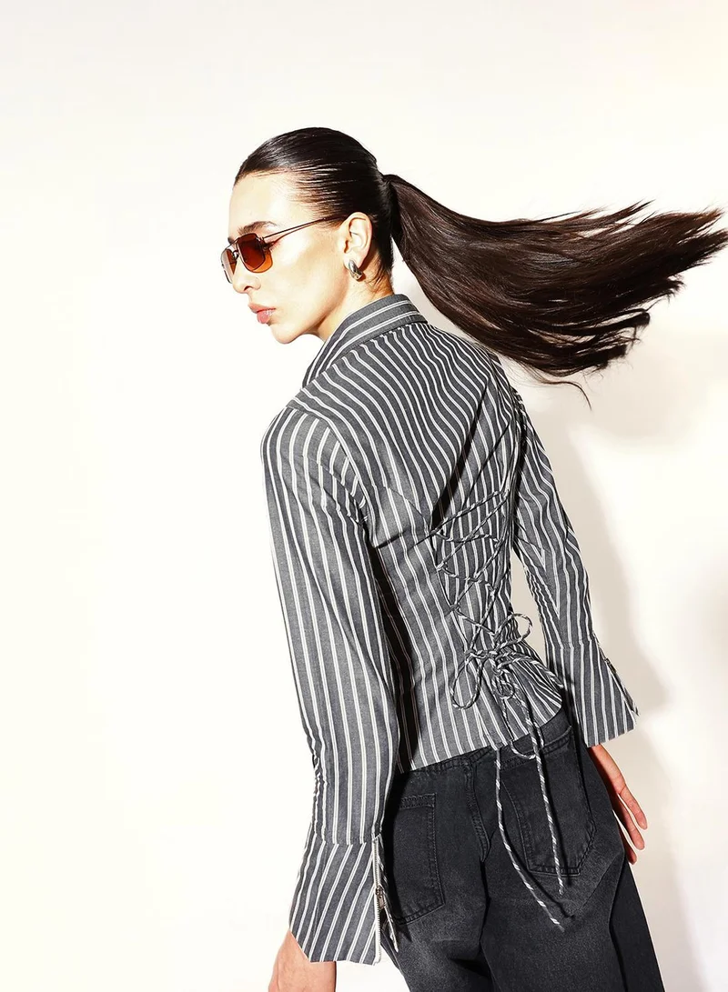 دينيس لينغو Black 100% Cotton Striped Button Down Slim Fit Shirt For Women